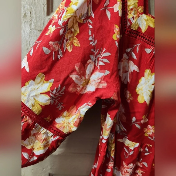 Floral Square Neck Red Mini Dres - Picture 2 of 5